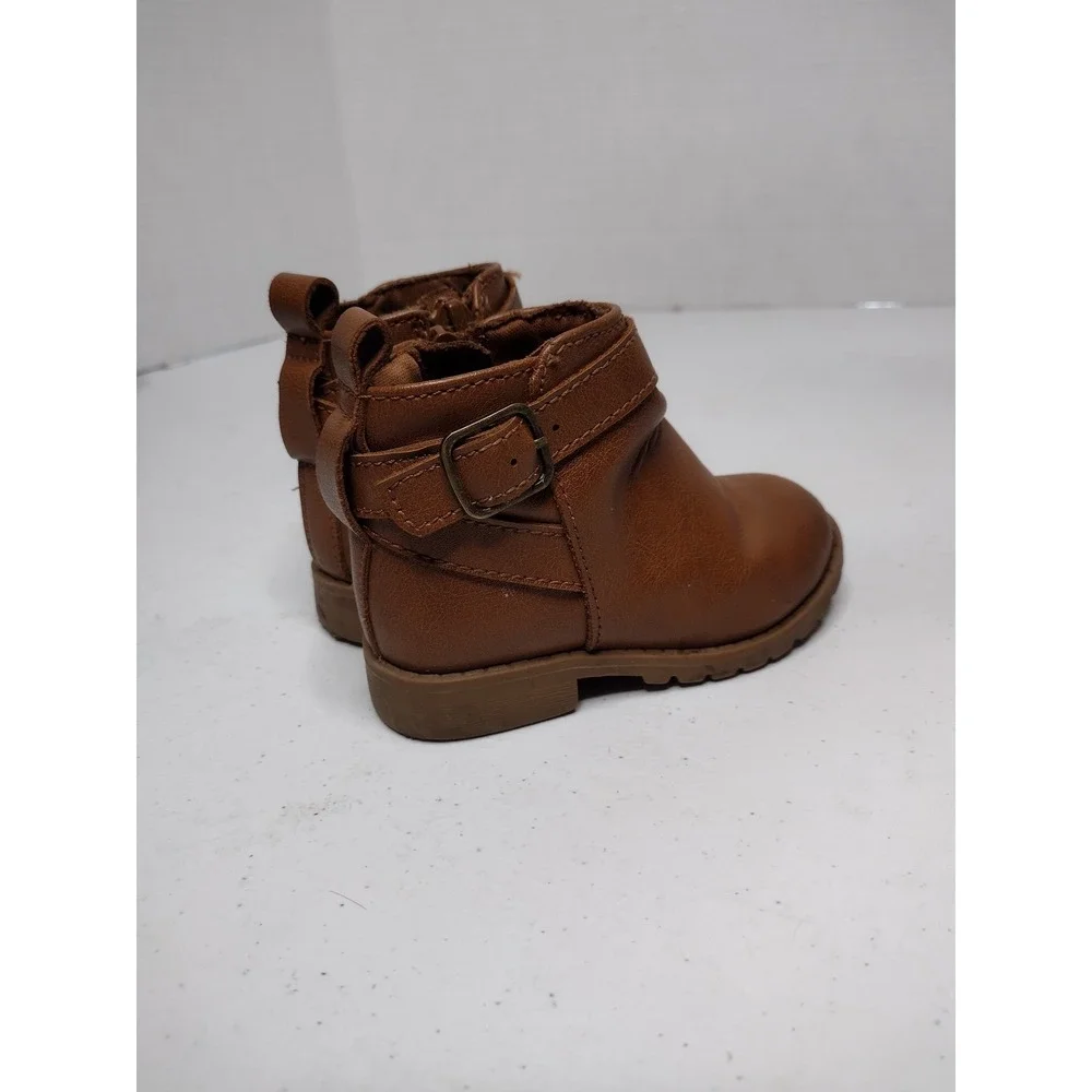 Toddler Brown Faux‎ Leather Ankle Boots Side Zip Buckle Strap Size 5